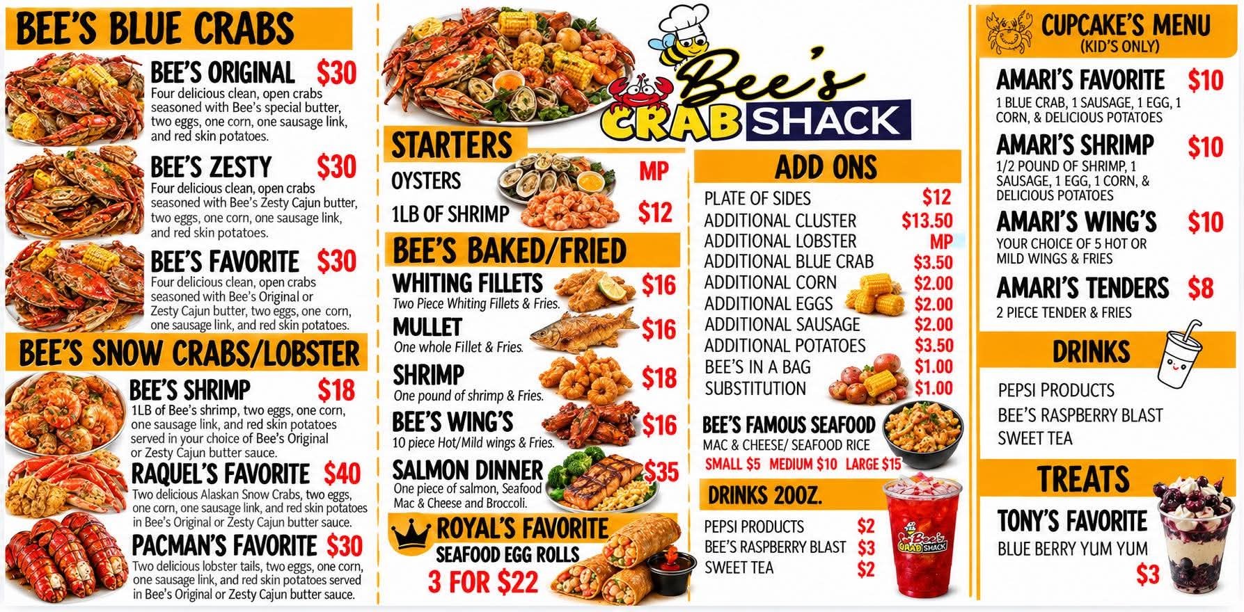The printed Bee's Crab Shack menu board